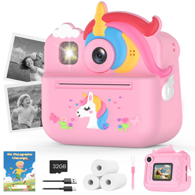 Fippesax Sofortbildkamera Kinder, 1080P HD Kinderkamera mit 32-GB-Karte, 48MP Selfie Kinderkamera Sofortbildkamera, Kinderspielzeug Einhorn Geschenke für Mädchen & Jungen von 3-12 Jahren
