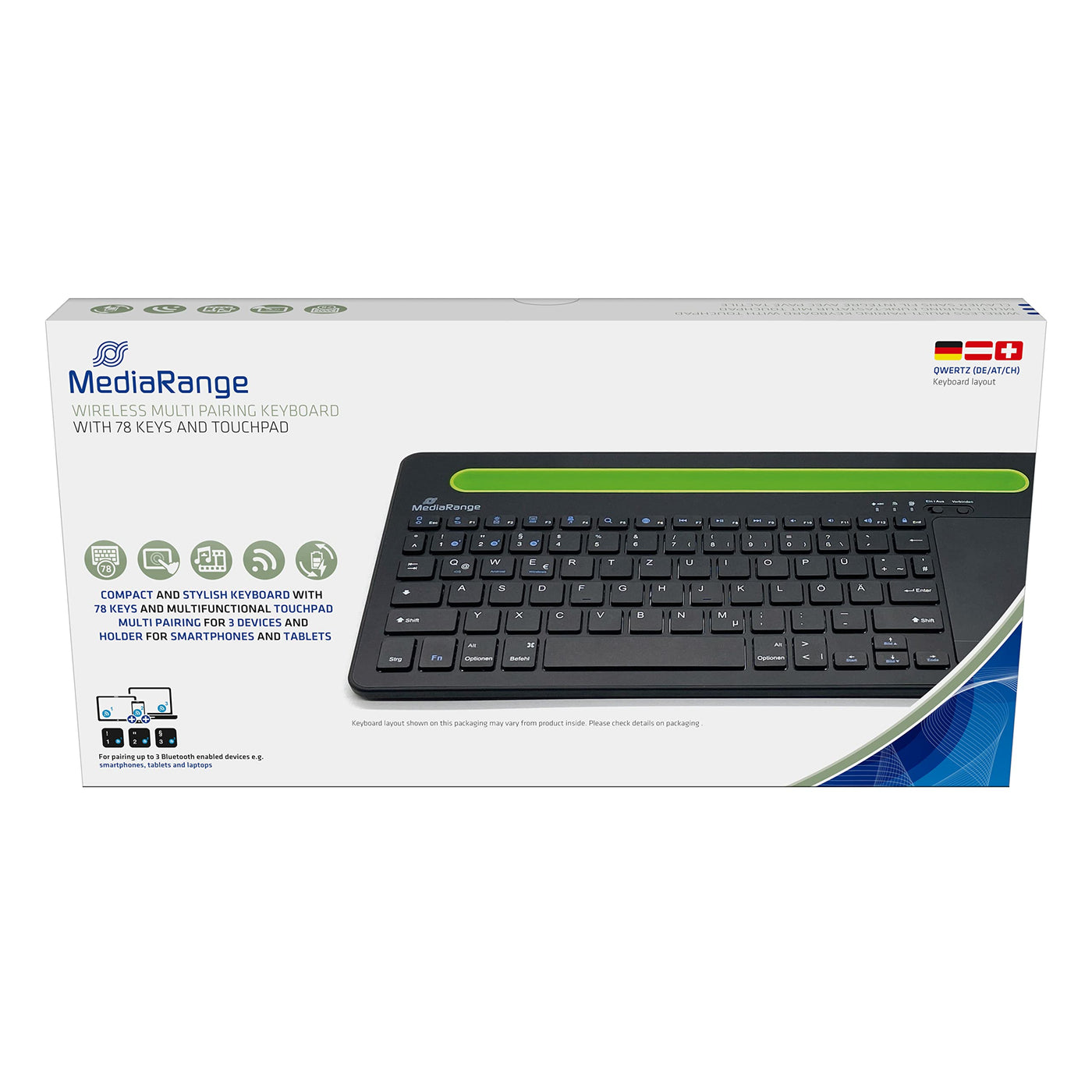 MediaRange, Bluetooth, kompakte Multi-pairing Funk-Tastatur mit 78 Tasten und Touchpad, QWERTZ (DE/AT/CH) Tastaturbelegung, schwarz/grün