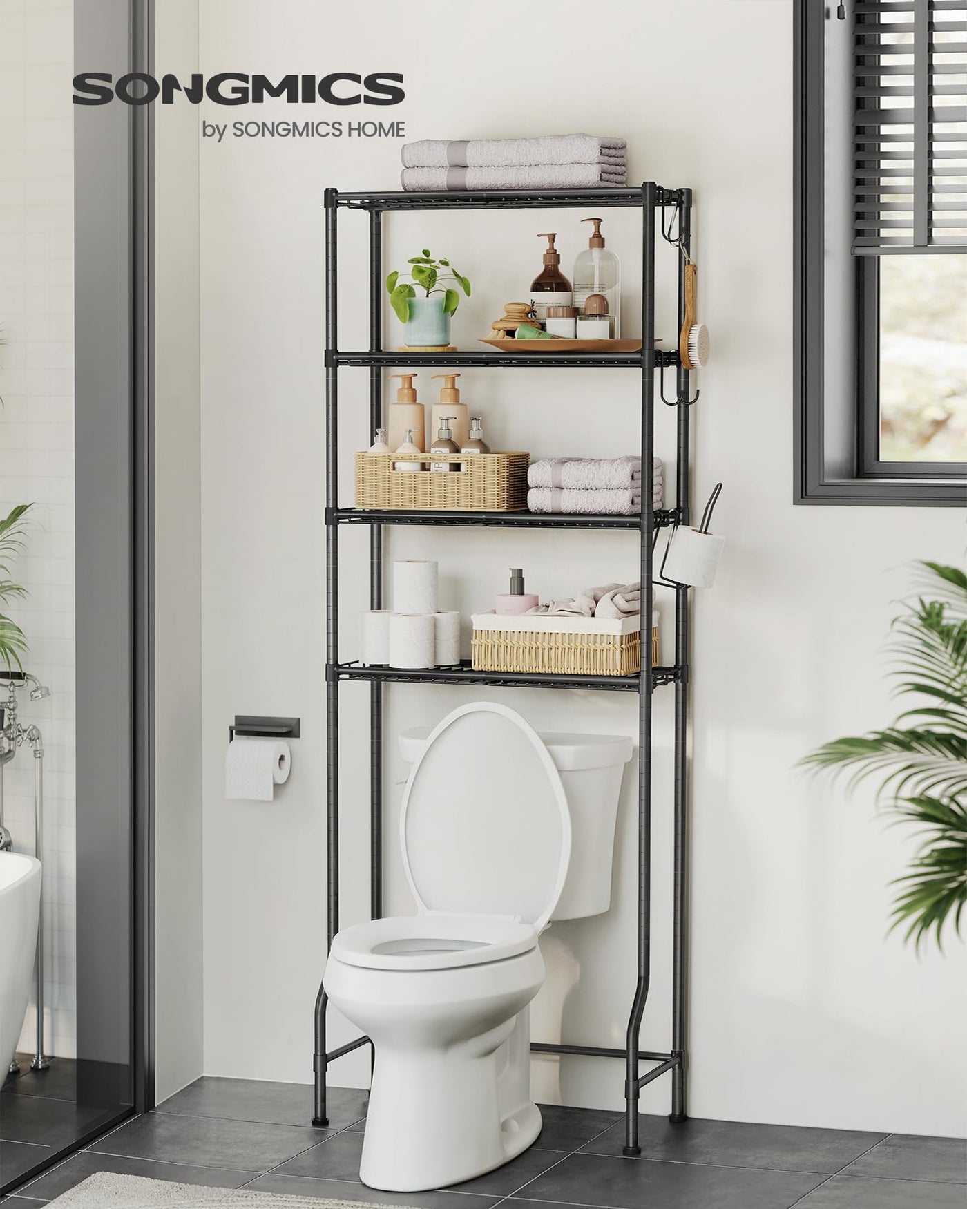 SONGMICS 4-stöckiges Toilettenregal, Badezimmerregal, Waschmaschinenregal, verstellbare Ablagen, mit Haken, Toilettenpapierhalter, platzsparend, 30 x 63 x 176 cm, schwarz BTS013B01
