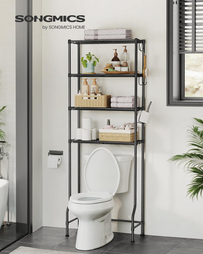 SONGMICS 4-stöckiges Toilettenregal, Badezimmerregal, Waschmaschinenregal, verstellbare Ablagen, mit Haken, Toilettenpapierhalter, platzsparend, 30 x 63 x 176 cm, schwarz BTS013B01