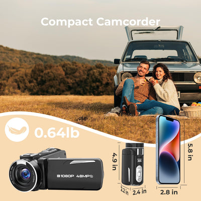 Videokamera 1080P, 48MP Camcorder 18X Digitalzoom Vlogging Camera für YouTube mit LED-Fülllicht, 3" 270° drehbarer Bildschirm Webcam Camcorder mit 32GB Karte & Akku