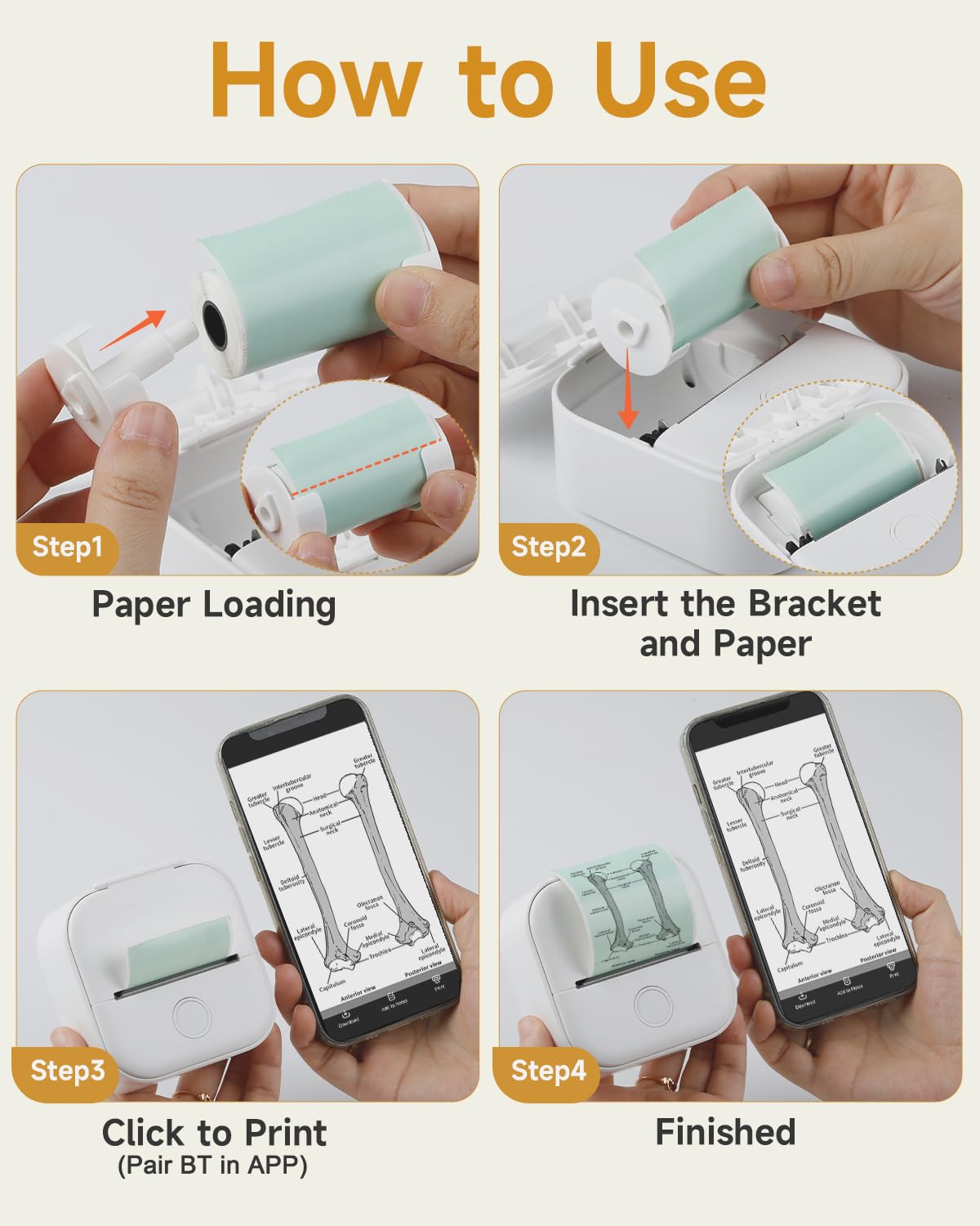 Memoking Tragbarer Mini Aufkleberdrucker - T02 Taschendrucker Bluetooth Fotodrucker, Lerngrafiken für Kinder, Gymnasiasten, Universitätsstudent, Mini Drucker mit 3 Rollen Thermopapier Selbstklebend