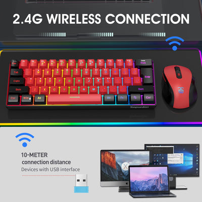 Snpurdiri 60% Prozent Tastatur Maus Set Kabellos, Wireless Gaming Tastatur und Maus Combo, Enthalten 2.4G Small Mini 60% Merchanical Feel Tastatur, Ergonomisches Design Vertical Feel Maus (BlackRed)