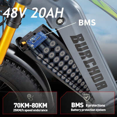 BURCHDA RX80 Elektrisches Mountainbike für Erwachsene, 26 Zoll 4.0 Fat Tire, 48V20AH Batterie 7-Gang Öl-Doppelbremse, Dual Shock Absorption Elektrofahrrad mit Unterstützung，Mit Heckklappenrahmen