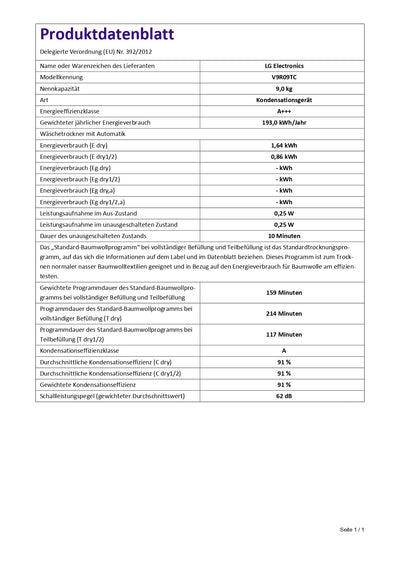 LG V9R09TC Wärmepumpen-Trockner 9 kg Kapazität, Sensor Dry, Allergy Care, Smart Diagnosis, Weiß