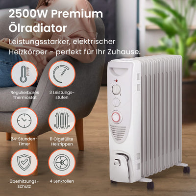 Pro Breeze 2500W Ölradiator energiesparend - Elektro Heizkörper mit 11 Rippen, integrierter Zeitschaltuhr, 3 Heizstufen, regulierbaren Thermostat und Sicherheitsabschaltfunktion
