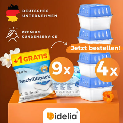 Idelia® 4x Luftentfeuchter + 9 Nachfüllpacks - Raumentfeuchter Luftentfeuchter für Küche, Bad & Wohnzimmer bis 40m² + 9x 400g Luftentfeuchter Granulat (4x Luftentfeuchter + 9x Nachfüllpacks)