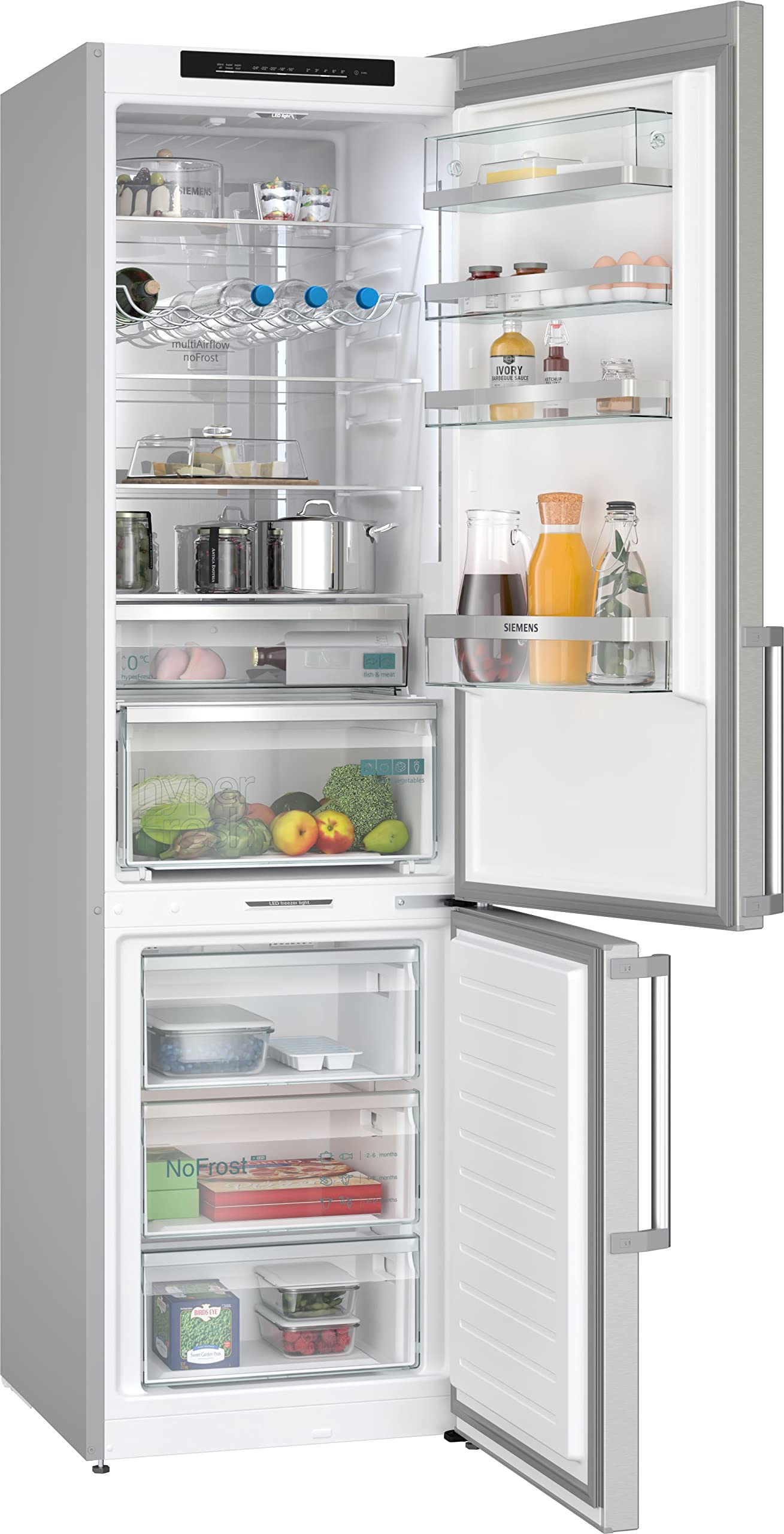 SIEMENS KG39NAIAT Stand-Kühl-Gefrier-Kombination iQ500, freistehende Kühlkombination mit Gefrierbereich unten 203x60 cm, 260L Kühlen, 103L Gefrieren, NoFrost, hyperFresh, bottleCooler, Edelstahl
