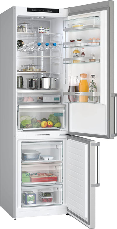 SIEMENS KG39NAIAT Stand-Kühl-Gefrier-Kombination iQ500, freistehende Kühlkombination mit Gefrierbereich unten 203x60 cm, 260L Kühlen, 103L Gefrieren, NoFrost, hyperFresh, bottleCooler, Edelstahl