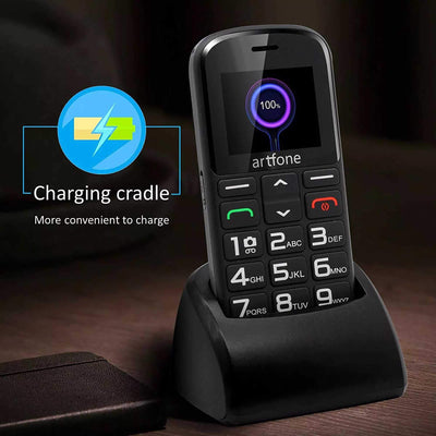 Artfone CS182 Handy für Senioren mit großen Tasten | Ladestation | SOS-Funktion | 1,77 Zoll Display | Dual-SIM | Schnellanruf | Taschenlampe | Lautes Radio | Lange Akkulaufzeit