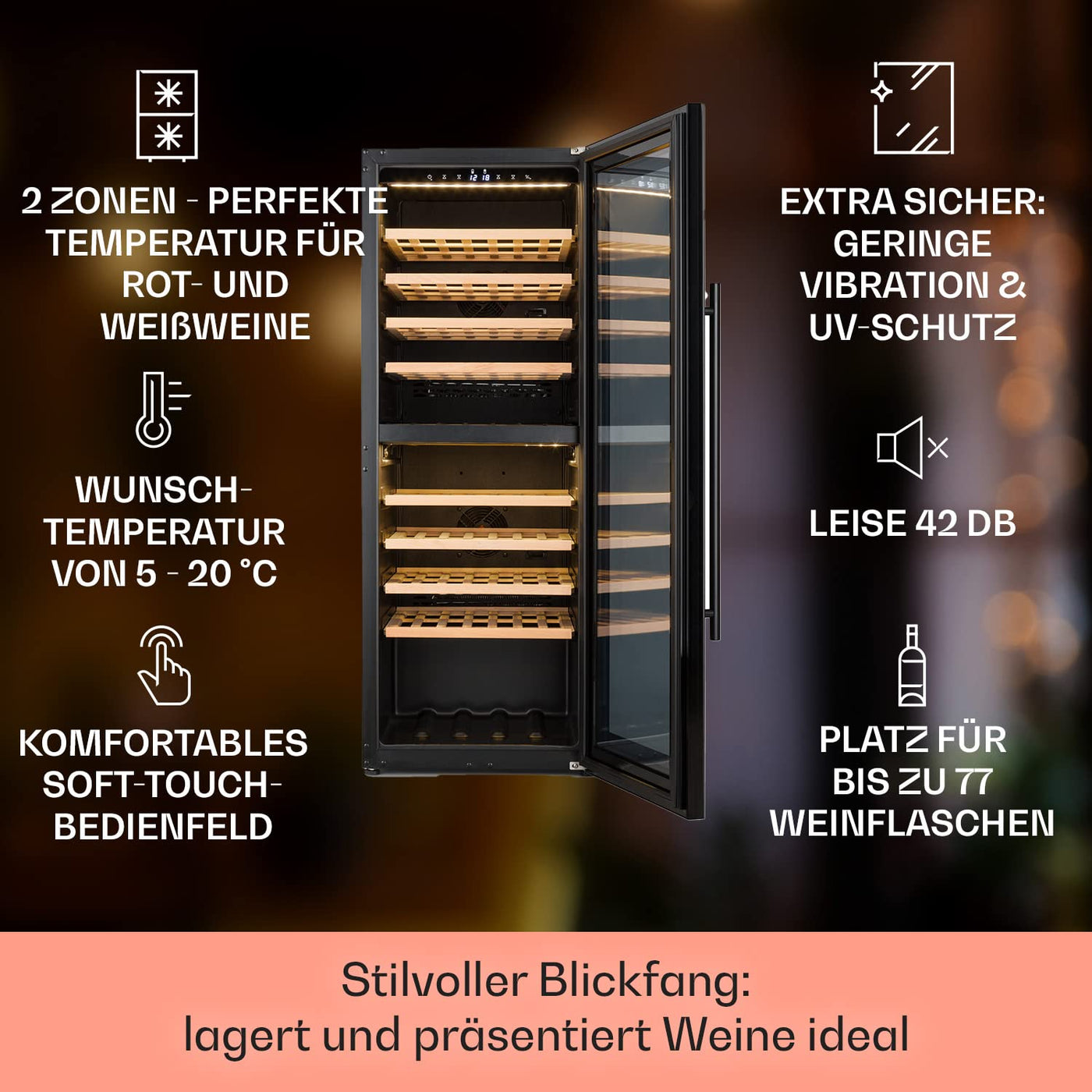Klarstein Weinkühlschrank, Getränkekühlschrank Schmal, 2 Zonen Kühlschrank mit Glastür, Getränkekühlschränke Freistehend, Weinkühlschrank Klein, Weinkühlschränke mit UV-Schutz, 5-20°C, 77 Flaschen