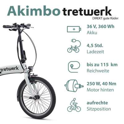 TRETWERK 20 Zoll E-Bike Klapprad - Akimbo - Faltrad Pedelec mit 8 Gang Kettenschaltung - klappbares Elektrofahrrad mit Heckmotor 50Nm - - weiß