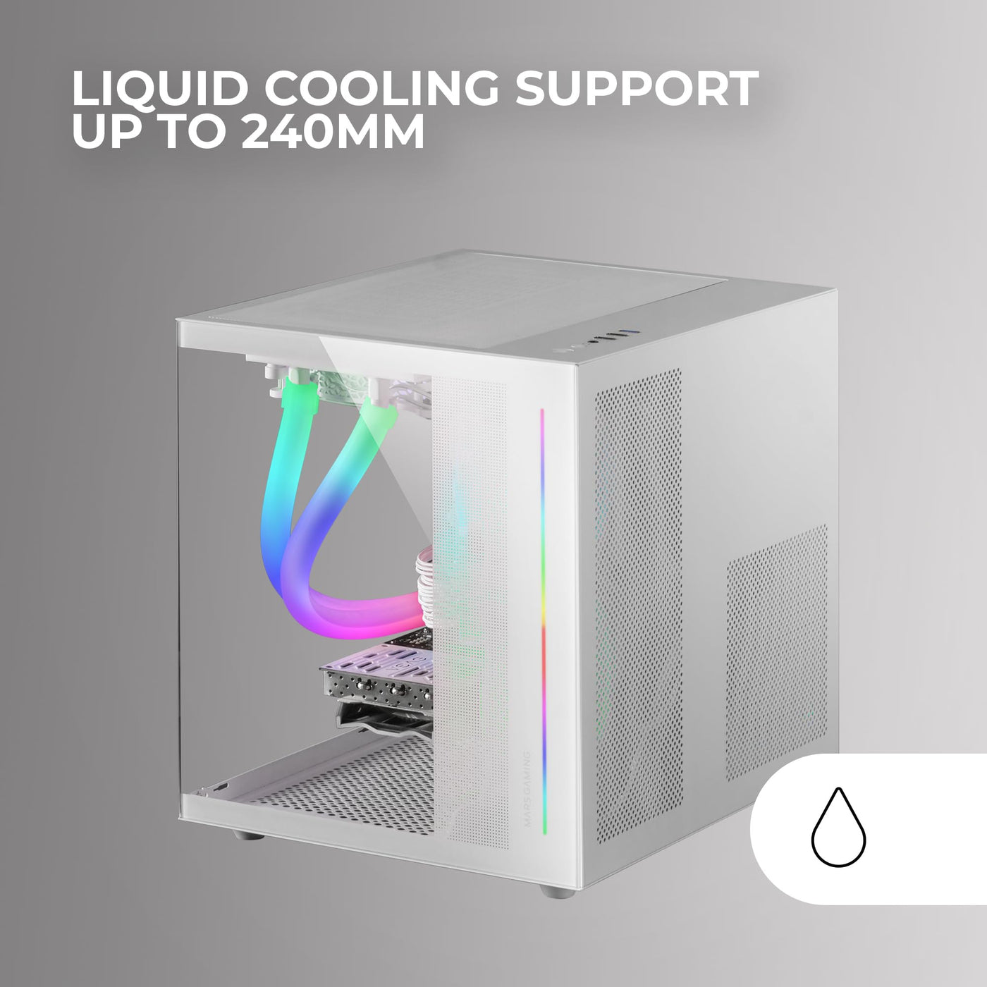 Mars Gaming MC-View Weiß, Micro-ATX Mini Gaming Tower Gehäuse, 90° Gehärtetes Glas ohne Rahmen, Modulares Doppelkammer-Design, Volle Unterstützung für Flüssigkeitskühlung