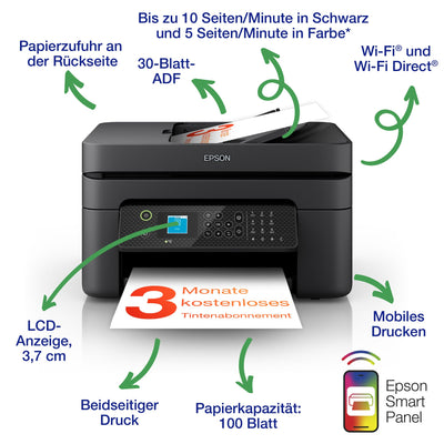 WorkForce WF-2930DWF A4-Multifunktions-Tintenstrahldrucker mit kabellosem Betrieb und 3 Monaten kostenloser Tinte mit ReadyPrint-Abonnement im Rahmen von Advantage+*
