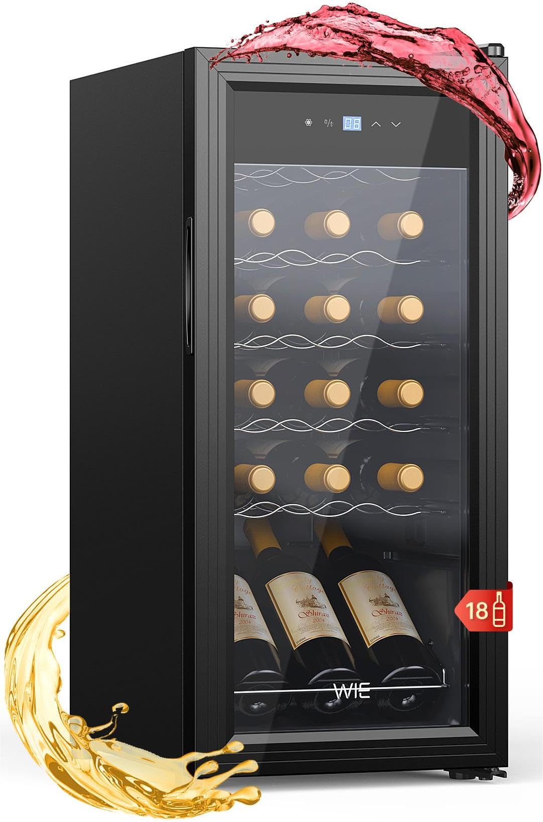WIE Weinkühlschrank Compressor 53 Liter 18 Flaschen Getränkekühlschrank Kleiner Weinschrank Klein Wein-Kühlschrank mit Glastür,Vollglas-Designtür mit LED Touchpanel,Anti-UV, Wine Fridge 5-18°C