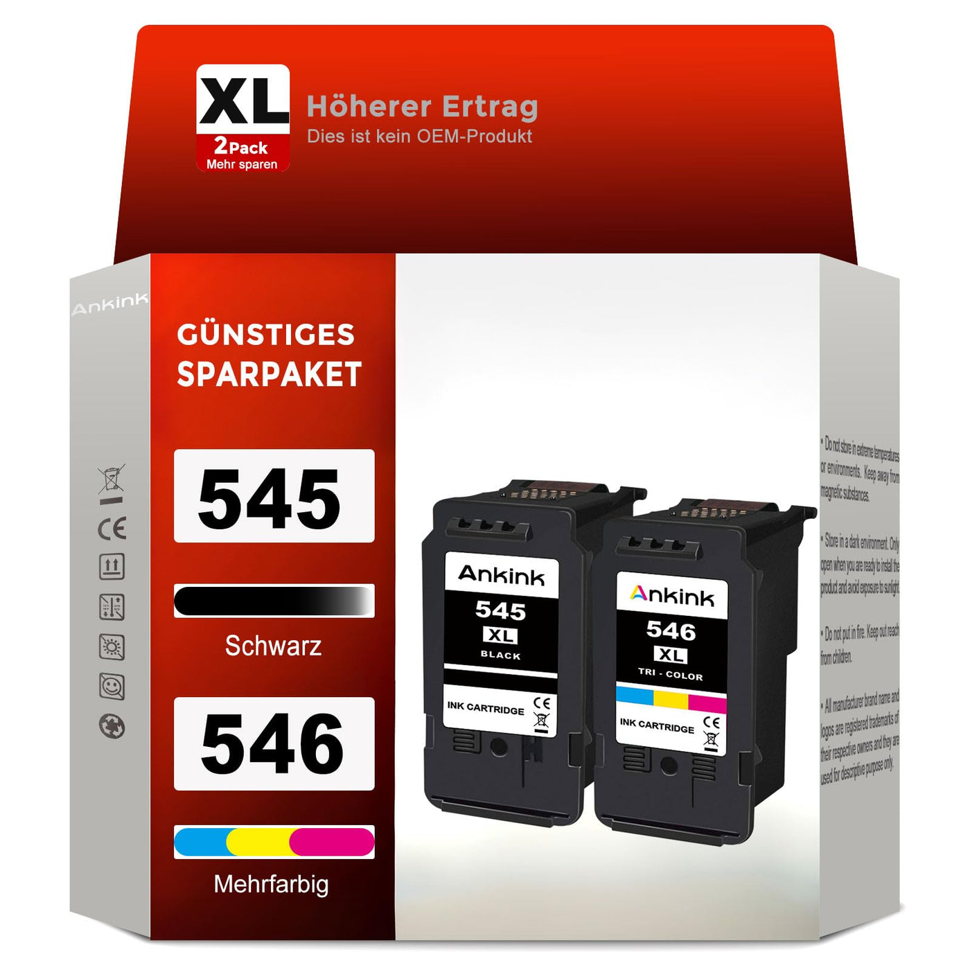 ANKINK Kompatibel Tintenpatrone Druckerpatronen als Ersatz für PG 545XL CL 546XL für Canon Patrone 545 546 XL für MG2450 MG2550 MG2950 MG2550s TR4550 TR4551 TR4650 TS3350 TS3450 Schwarz Farbe 2 Pack