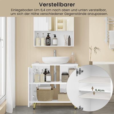 EUGAD Waschbeckenunterschrank, Unterschrank, Waschtischunterschrank, Badezimmerschrank, Badschrank, weiß Hochglanz, mit 2 Türen, Beinen, verstellbare Ablage, freistehend, 60x60x30 cm