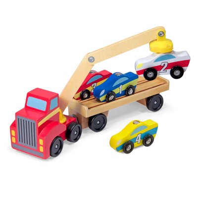 Melissa & Doug Spielzeug Autotransporter aus Holz mit magnetischem Kran und Autos | 6-teilig | Für Kinder ab 3 Jahren