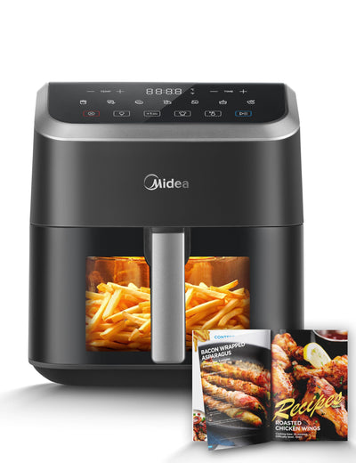 Midea Heißluftfritteuse 5L Fassungsvermögen, HeatXpress Technologie 90% weniger Öl, Energie- und Zeitersparnis mit 7 Voreinstellungen, Easy-View Fenster & Licht, Antihaft, Schwarz