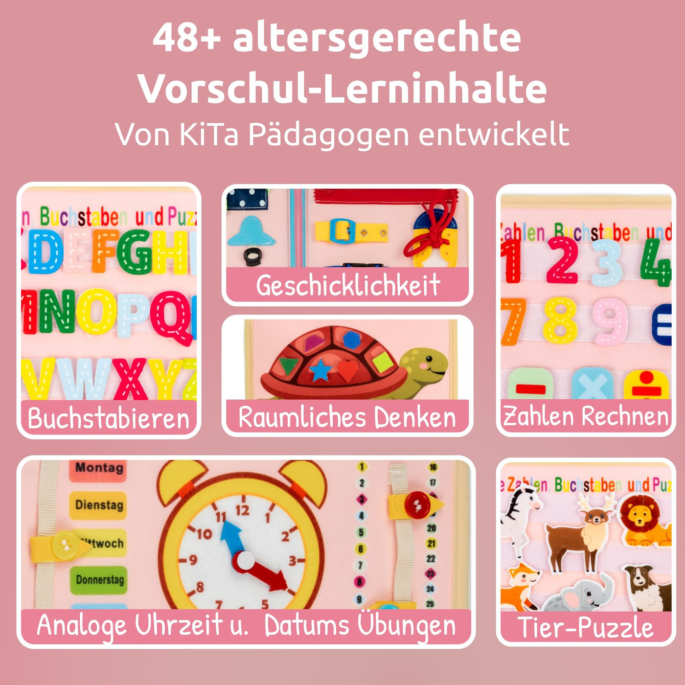 Mallie® Busy Board Deutsch inkl. Gratis Reisetasche & Montessori Buch und Perfekt für Reisen im Auto, Zug oder Flugzeug I100% BPA-Frei als Quiet Book & Busy Book I Activity Board Busy Book