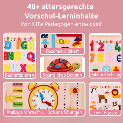 Mallie® Busy Board Deutsch inkl. Gratis Reisetasche & Montessori Buch und Perfekt für Reisen im Auto, Zug oder Flugzeug I100% BPA-Frei als Quiet Book & Busy Book I Activity Board Busy Book