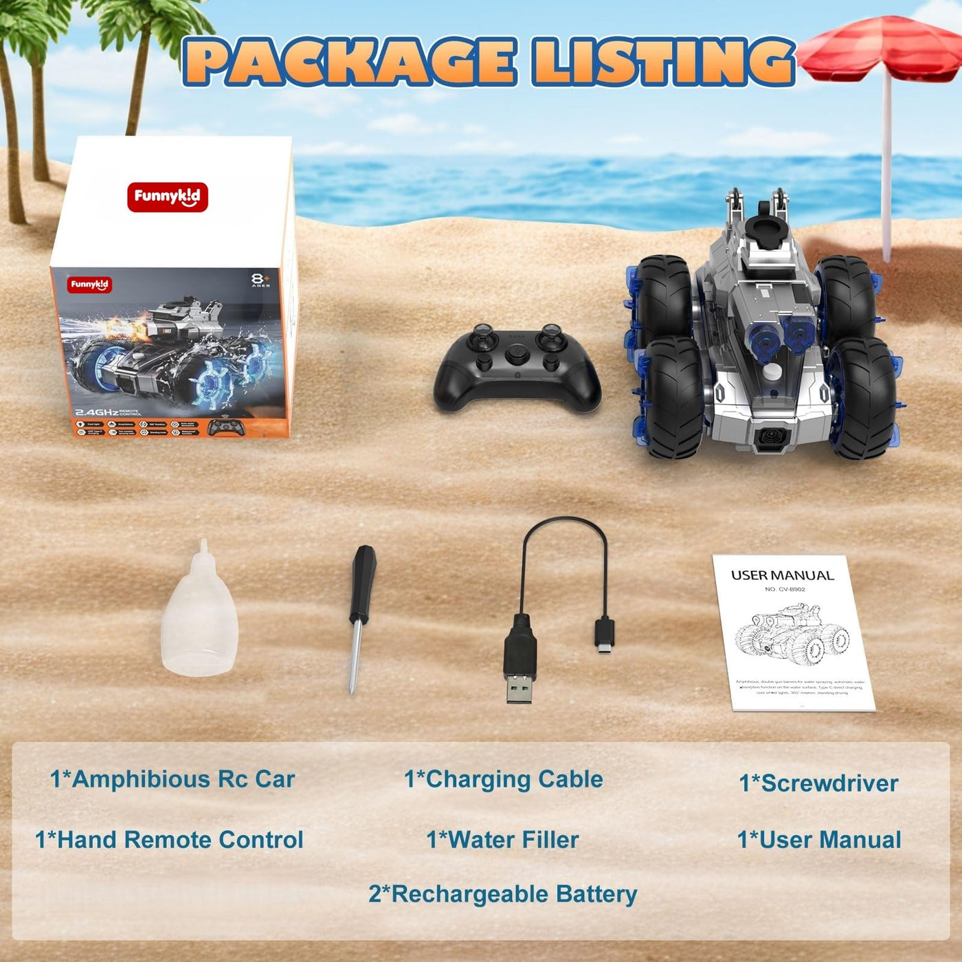 funnykid 3-in-1 RC Panzer 4WD Amphibienfahrzeug mit Wasserkanonen, LED-Lichtern & 2 Akkus (45+ Min Laufzeit) – Ferngesteuertes Auto für Kinder 6 7 8 9 10 11 12, Geländewagen für Land & Wasser