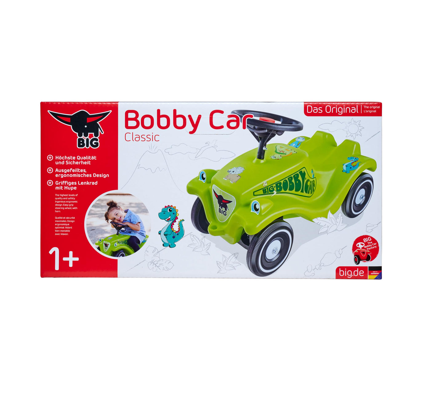 Big Bobby Car Classic Dino - Rutschauto ab 1 Jahr im bunten Dino-Design mit schwarzem Sicherheits-Lenkrad und Hupe, für Kinder ab 12 Monaten (bis 50 kg), grün mit Aufklebern