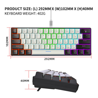 Snpurdiri 60% kabelgebundene mechanische Gaming-Tastatur, 61 Anti-Ghosting-Tasten, RGB-Hintergrundbeleuchtung, ultrakompakte Blaue Schalter, Zwei Ständer, schwarz-weiß
