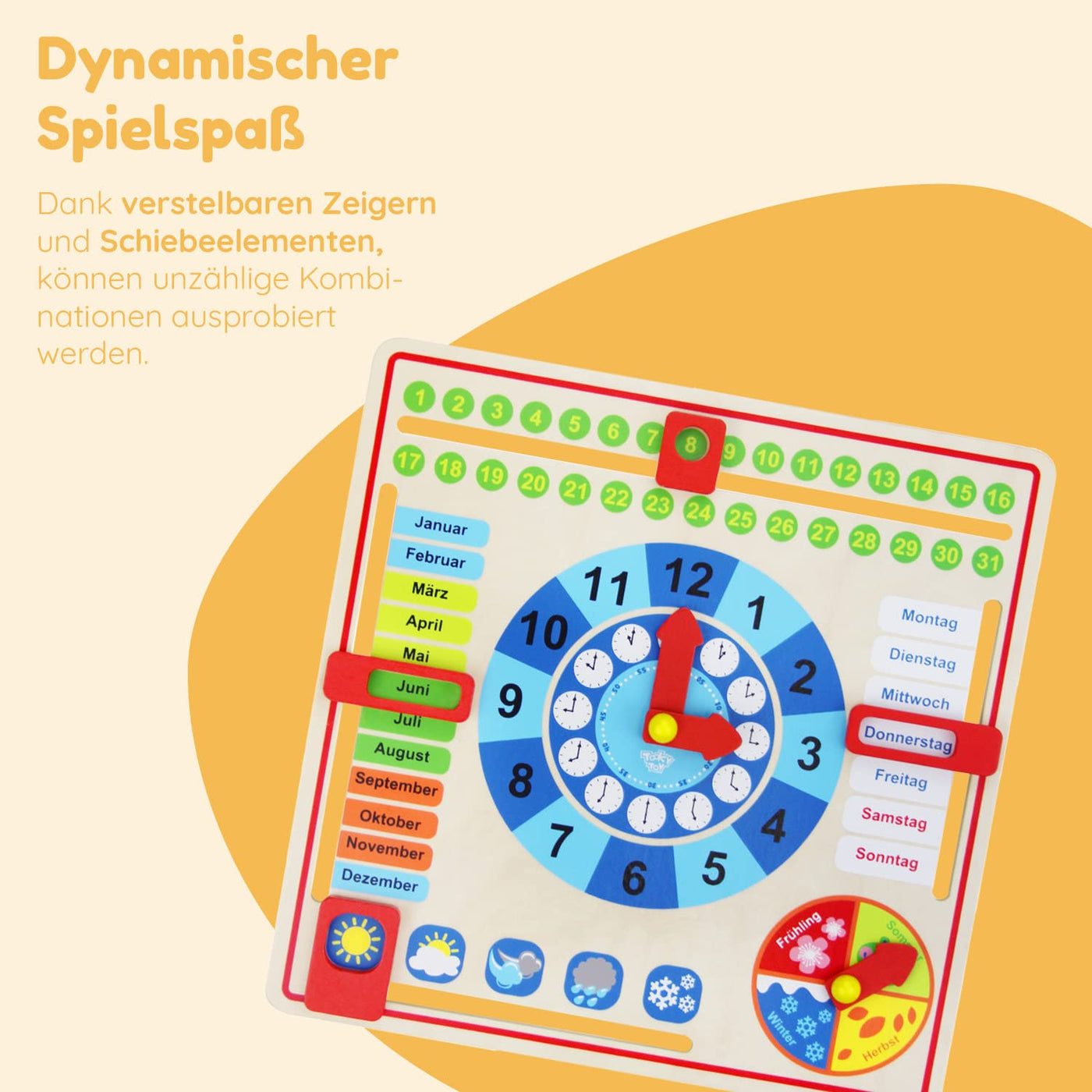 Tooky Toy Holz Jahresuhr für Kinder - Lernuhr - Kalenderuhr - Lerntaffel - Uhr, Wochentage, Monate, Jahreszeit, Wetter - Holzspielzeug - ca. 30 x 30 x 5 cm - ab 36 Monaten