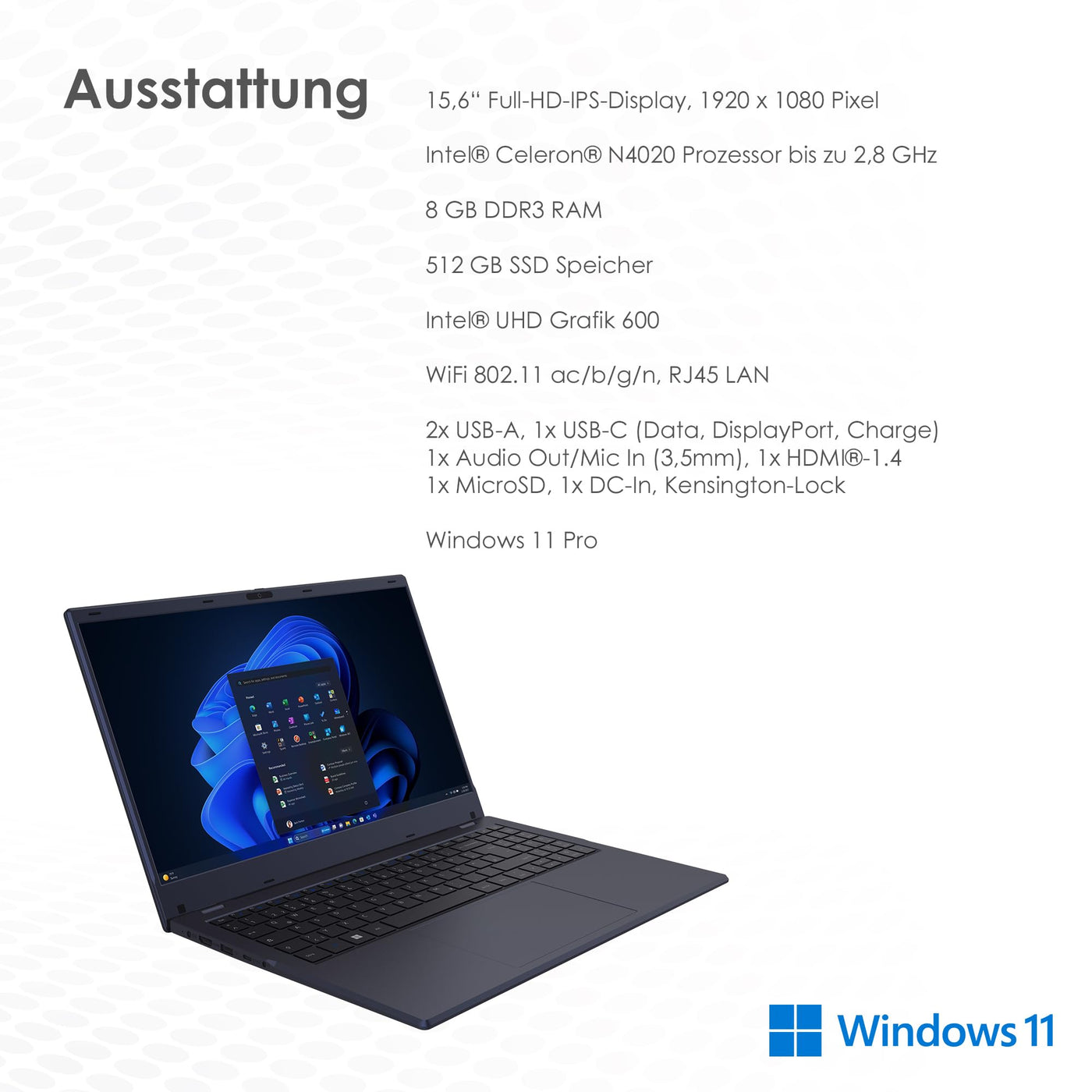 VALE V15A-N4020-8512D Notebook | 15,6" Full-HD IPS | Kompatibel mit Intel® Celeron™ N4020 Prozessor | 8 GB RAM | 512 GB SSD | Windows 11 Pro (N4020 + 8 + 512)