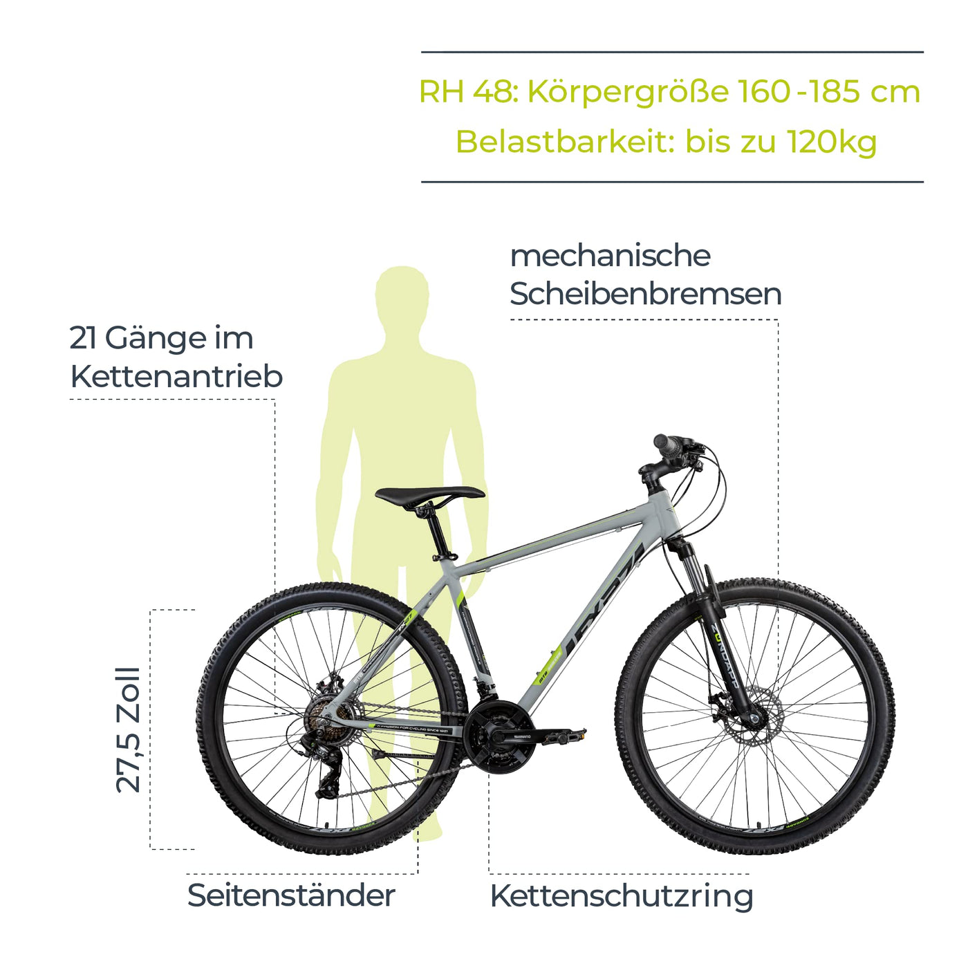 ZÜNDAPP Mountainbike 650B Hardtail MTB 27,5 Zoll FX27 Fahrrad 21 Gänge Shimano (grau, 48 cm)