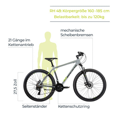 ZÜNDAPP Mountainbike 650B Hardtail MTB 27,5 Zoll FX27 Fahrrad 21 Gänge Shimano (grau, 48 cm)