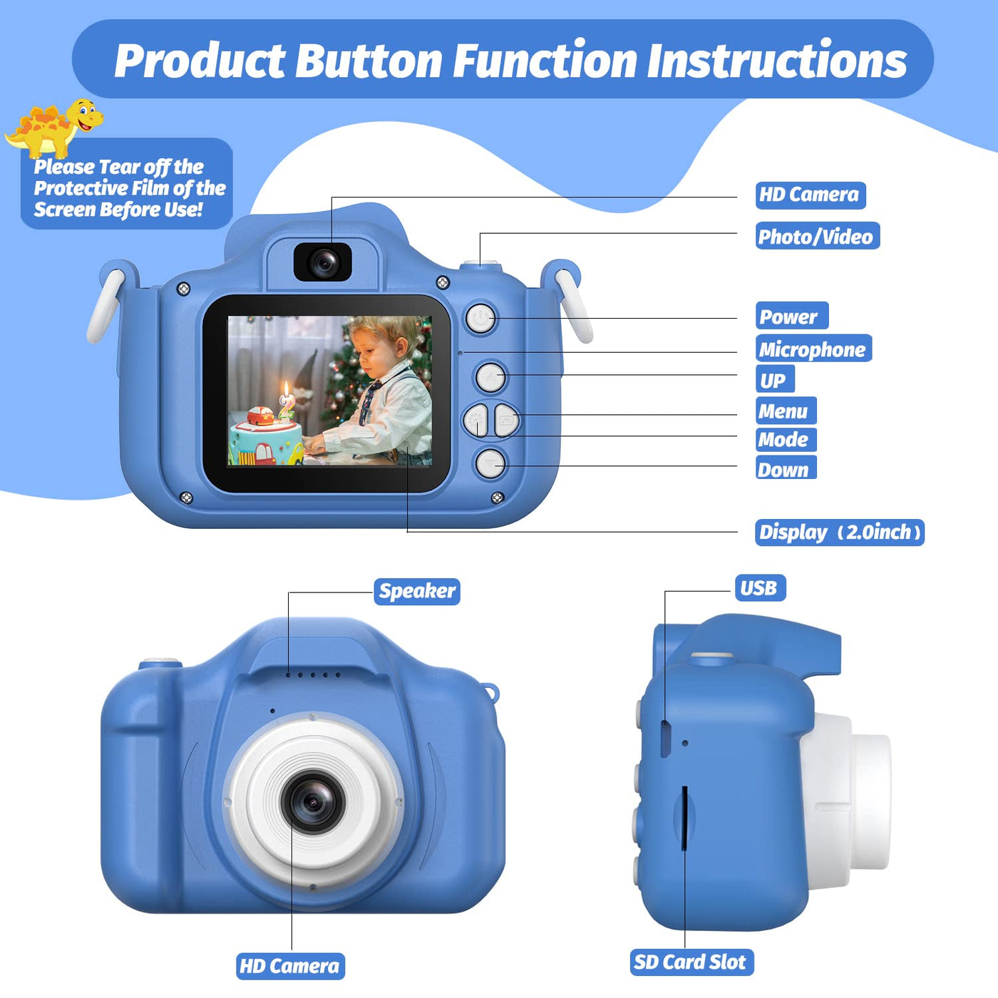 Neu Dinosaurier Kinderkamera, Weihnachten Geburtstag Geschenke für Mädchen Jungen Alter 3-12, 1080P HD Selfie Digital Video Kamera, Niedliche kleine Mädchen Geschenke Spielzeug für 3 4 5 6 Jahre