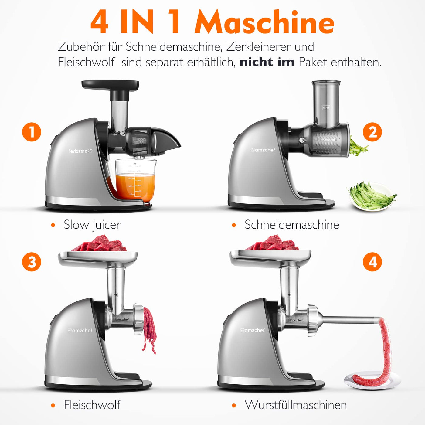 AMZCHEF Entsafter Gemüse und Obst Testsieger - Entsafter Slow Juicer mit Rückwärts-Kau-Funktion - Zartes Zerkleinern ohne Filtern - Saftpresse Elektrisch mit Bürste und 2 Tassen - Silber