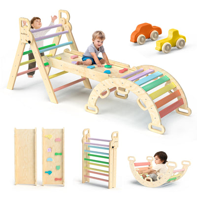 BlueWood 7-in-1 Montessori Kletterdreieck mit Kletterbogen und Rutsche, Holzdreieck für Kleinkinder, Indoor Kletterspielzeug für Kleinkinder, klettergerüst Indoor ab 1 Jahr