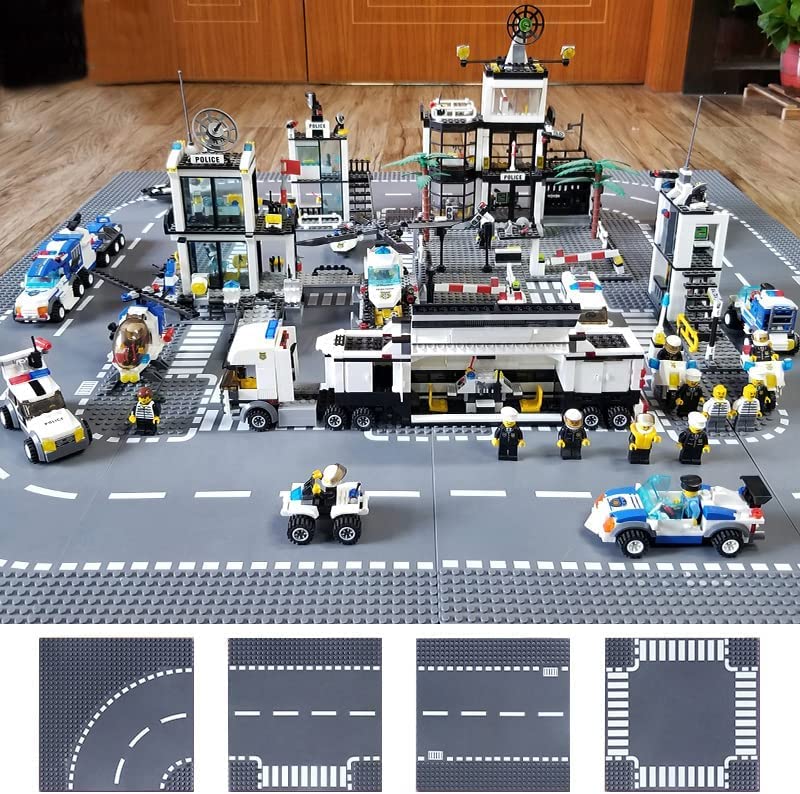 LEAFYIP 12 Platten Set Stadt Strassen Grundplatte, 25.5 * 25.5cm Städte Straßenplatten 100% Kompatibel mit Meisten Marken (4 Kurve/3 Gerade/1 Kreuzung/4 T-Kreuzung)