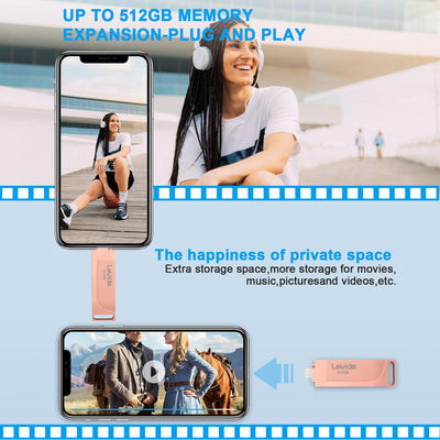 USB Stick 512GB für Phone,Levida Speicherstick,Photostick,Externer Speicher 4 in 1,Fotostick 3.0,Flash Drive für Handy,iOS,Android,Pad,Laptop,Pc(Mobile Memory,Automatic Photo Backup),Hellrosa