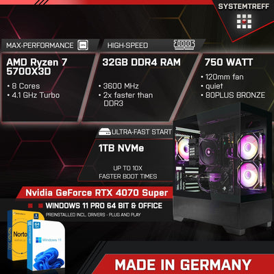 SYSTEMTREFF High-End Gaming PC AMD Ryzen 7 5700X3D 8x4.1GHz | Nvidia GeForce RTX 4070 Super 12GB DX12 | 1TB M.2 NVMe | 32GB DDR4 RAM | WLAN Desktop Computer Rechner für Gamer, Zocker & Streamer