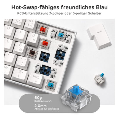 RK ROYAL KLUDGE RK61-DE 60% Bluetooth/kabelgebundene / 2.4Ghz kabellose mechanische Tastatur, 61 Tasten, Hot-Swap-fähige Blaue Schalter Gaming-Tastatur für Win/Mac, Weiß, QWERTZ Deutsches Layout