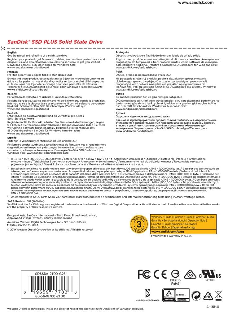 SanDisk SSD Plus interne SSD Festplatte 2 TB (schnelleres Hoch-, Herunterfahren und Laden, Lesegeschwindigkeit 545 MB/s, Schreibgeschwindigkeit 450 MB/s, stoßfest)