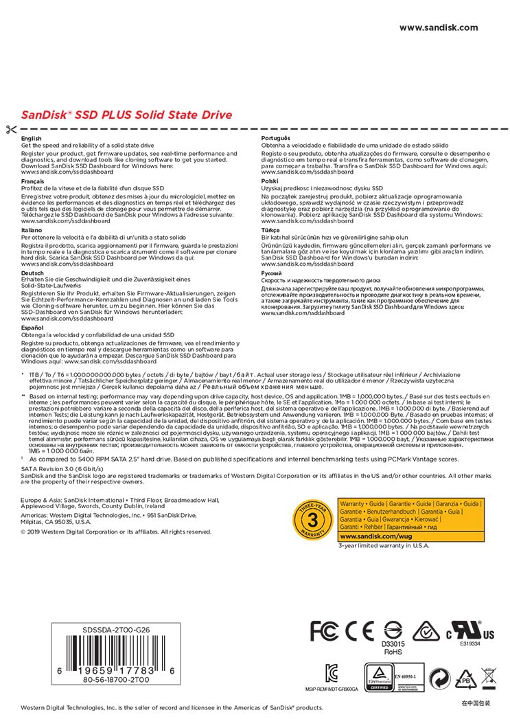 SanDisk SSD Plus interne SSD Festplatte 2 TB (schnelleres Hoch-, Herunterfahren und Laden, Lesegeschwindigkeit 545 MB/s, Schreibgeschwindigkeit 450 MB/s, stoßfest)