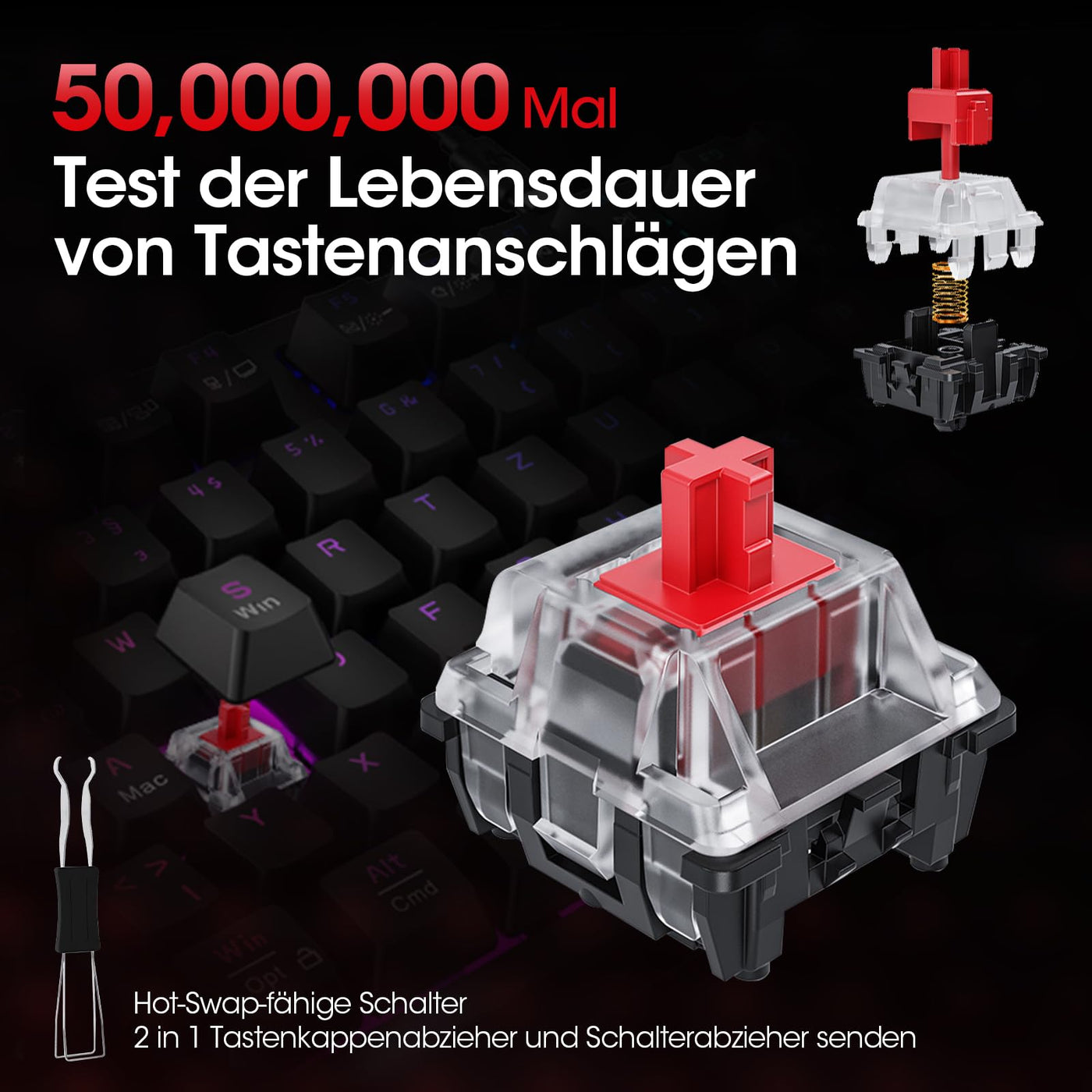 KOORUI Gaming Tastatur, Mechanisch Tastatur QWERTZ Deutsches Layout 104 Tasten 26 RGB Hinterleuchtet Kabelgebunden Gaming Keyboard für Windows MacOS Linux-Rotem Schalter