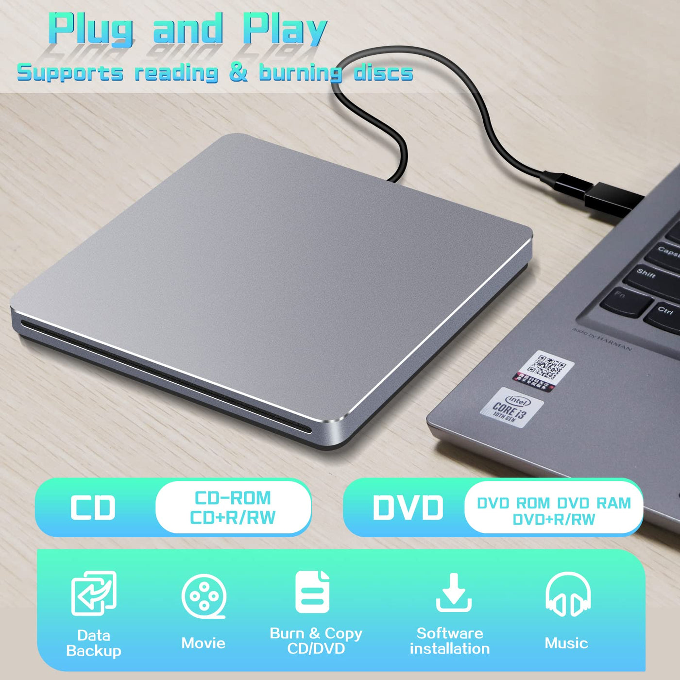 NOLYTH Externes DVD Laufwerk, CD Laufwerk Extern USB, Slot-in DVD Laufwerk Extern für Mac, Portable Externe Optische Laufwerke DVD Brenner Extern CD Externes Laufwerk für Laptop PC Apple Windows