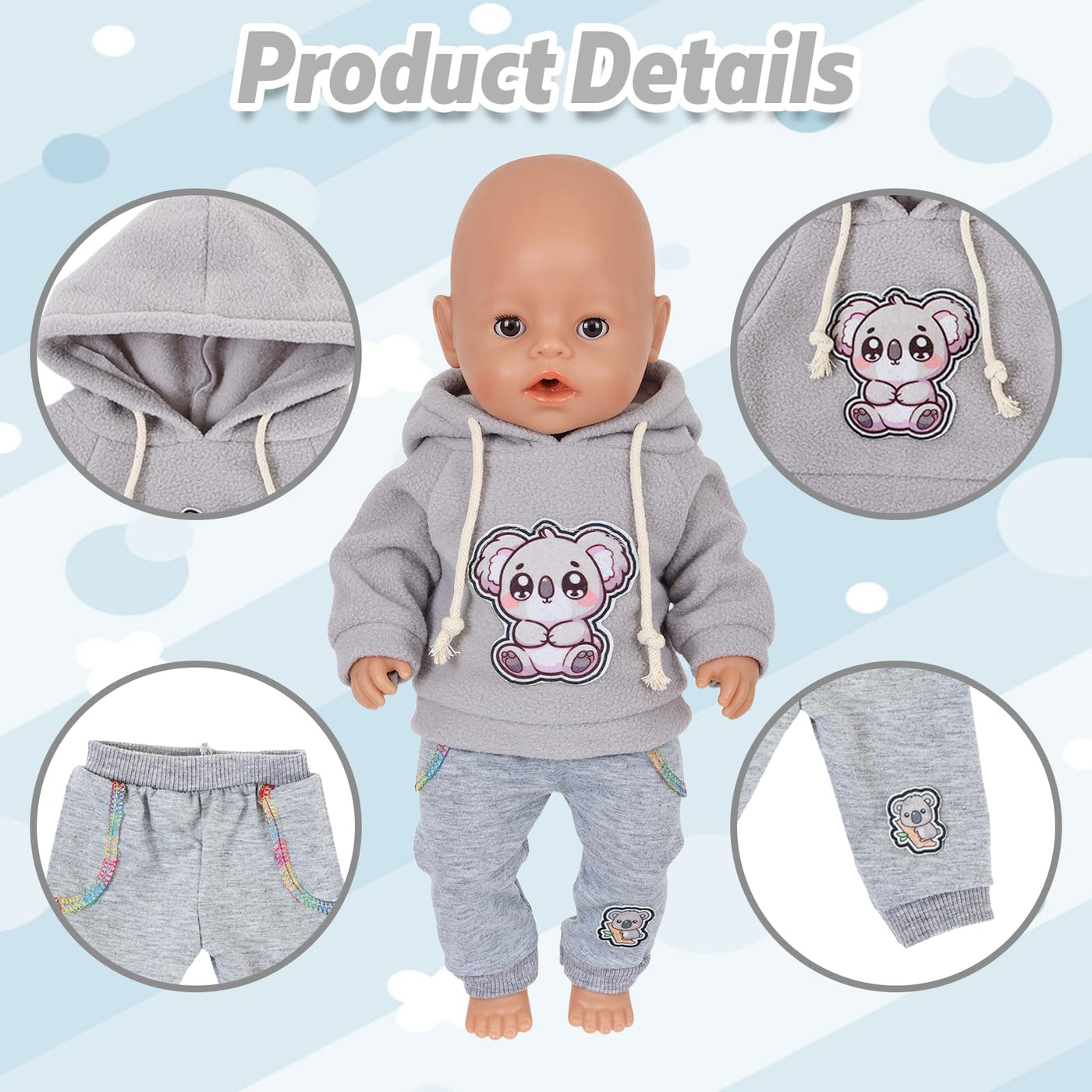4 Stück Puppenkleidung für 14–18 Zoll große Babypuppen, 35-45cm Baby Puppen Outfits mit Koala, 43cm Süße PuppenKleidung Zubehör mit grau Koalahoodie + Hose + Socken + Kleiderbügel