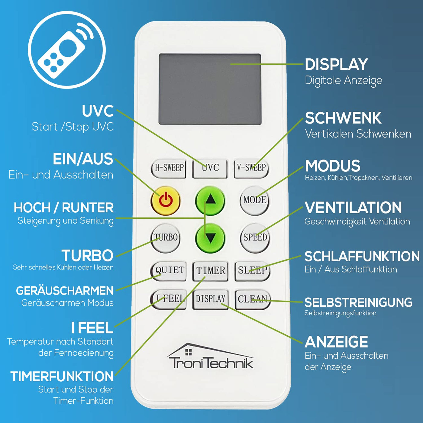 Tronitechnik® Reykir Split Klimaanlage Inverter Splitgerät mit UVC Luftsterilisation, Kühlung Heizung Ventilation Entfeuchtung, Fernbedienung, WiFi App-Steuerung (9000 BTU) inkl. Montagematerial