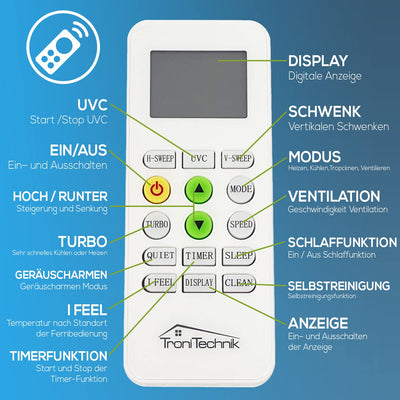 Tronitechnik® Reykir Split Klimaanlage Inverter Splitgerät mit UVC Luftsterilisation, Kühlung Heizung Ventilation Entfeuchtung, Fernbedienung, WiFi App-Steuerung (9000 BTU) inkl. Montagematerial