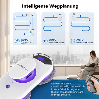 SUNSMAI Dual Side Spray Fensterputzroboter, Anti-verstopfungsfreie Elektrisch Automatischer Fensterroboter mit Wassersprühfunktion,3800pa Starke Anti-Drop Automatischer Fensterputzer,12 Tücher (Lila)