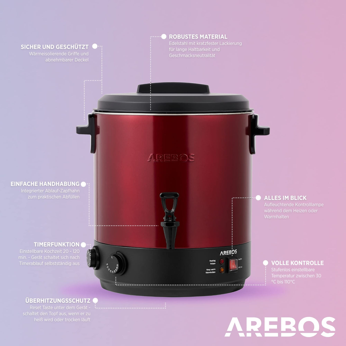 Arebos Einkochautomat 1800 W | Einkochtopf 28 L | mit Timer, Thermostat & Überhitzungsschutz | stufenlos einstellbar 30-110°C | Glühweinkocher | inkl. Einmachglasheber & Einmachtrichter | Rot