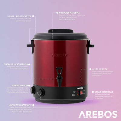 Arebos Einkochautomat 1800 W | Einkochtopf 28 L | mit Timer, Thermostat & Überhitzungsschutz | stufenlose Temperatureinstellung 30-110 °C| Zeitschaltuhr 20-120 min.| Glühweinkocher Heißgetränkeautomat