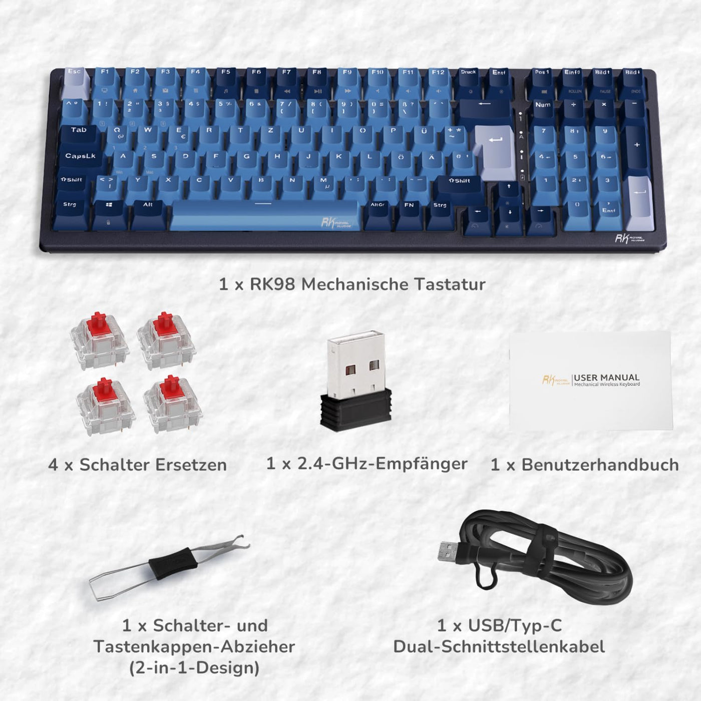 RK ROYAL KLUDGE RK98 Mechanische Tastatur Kabellose Gaming Tastatur 2.4G/Bluetooth 5.1/USB-C RGB Hinterleuchtet Deutsches Layout QWERTZ 100 Tasten Hot Swappable Braune Schalter, Blau